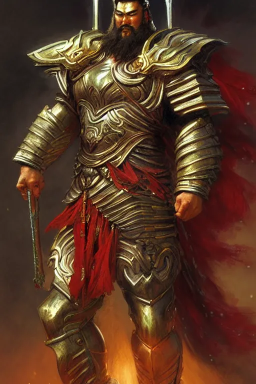 Image similar to attractive beefy male with armor, guan yu, character design, colorful paint, sweat, painting by gaston bussiere, craig mullins, j. c. leyendecker