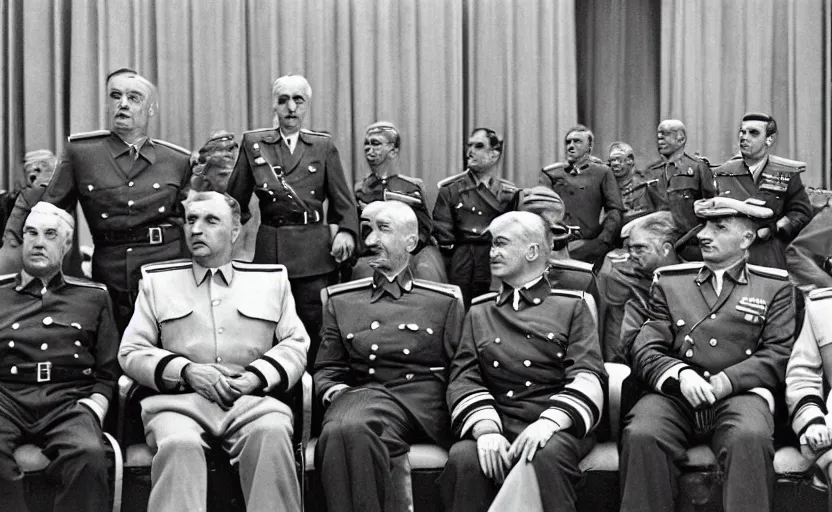 Image similar to 50s movie still of very diverse soviet generals officers marshal and politics head with very detailed faces in a stalinist parlement, by Alexei Guerman, Cinestill 800t 35mm black and white, heavy grainy picture, very detailed, high quality, 4k, HD criterion, precise texture, diverse faces, diverse haircuts, diverse ages, each faces precisely define