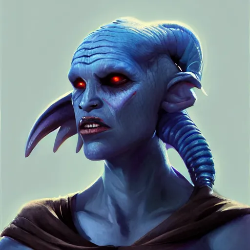 Image similar to portrait of a female Twi'lek by Greg Rutkowski, blue skin, she is about 30 years old, wearing black sith uniform, Star Wars Expanded Universe, highly detailed portrait, digital painting, artstation, concept art, smooth, sharp foccus ilustration, Artstation HQ