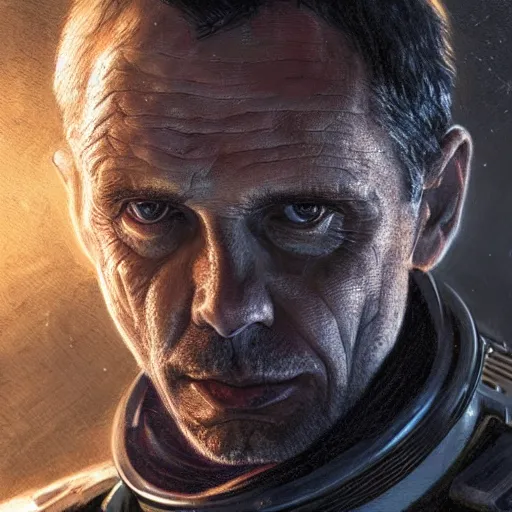 Image similar to portrait of a man by greg rutkowski, michael biehn as an space security officer, he is about 6 0 years old, military composure, wearing the tactical gear of weyland company, highly detailed portrait, digital painting, artstation, concept art, smooth, sharp foccus ilustration, artstation hq