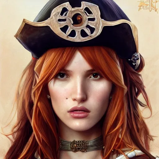 Image similar to ultra realistic illustration, bella thorne as pirate, intricate, elegant, highly detailed, digital painting, artstation, concept art, smooth, sharp focus, illustration, art by artgerm and greg rutkowski and alphonse mucha