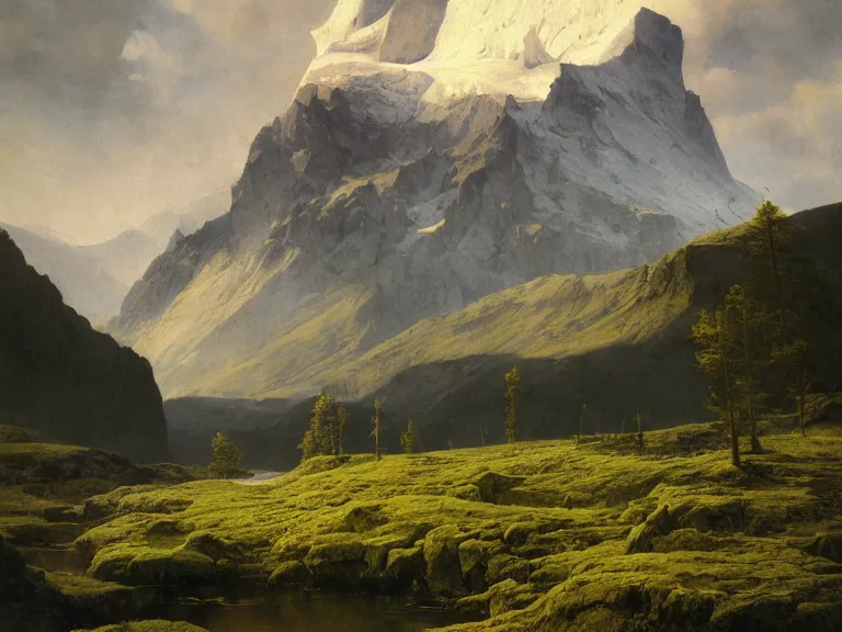 Image similar to an oil painting of an alpine river and a distaint mountain in Scotland on a beautiful morning by beksinski carl spitzweg and tuomas korpi. baroque elements, full-length view. baroque element. intricate artwork by caravaggio. Trending on artstation. 8k