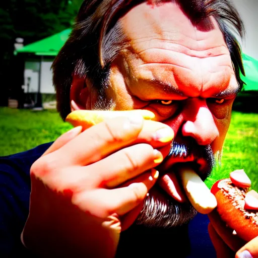 Image similar to slavoj zizec eating a hot dog, hdr, close - up, cinematic