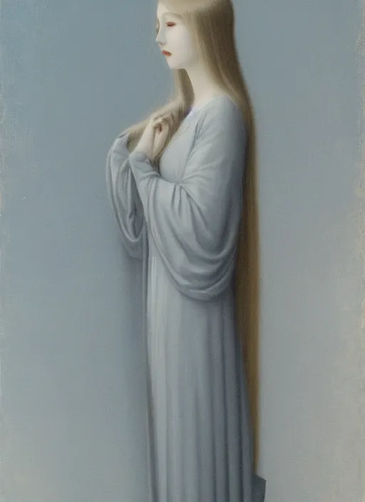 Image similar to tall thin young wan beautiful angel, silver hair so long, pale!, long silver hair, silver angel wings, wan adorable korean face, silver hair!!, style of fernand khnopff and lucien levy - dhurmer, oil on canvas, 4 k resolution, aesthetic!,