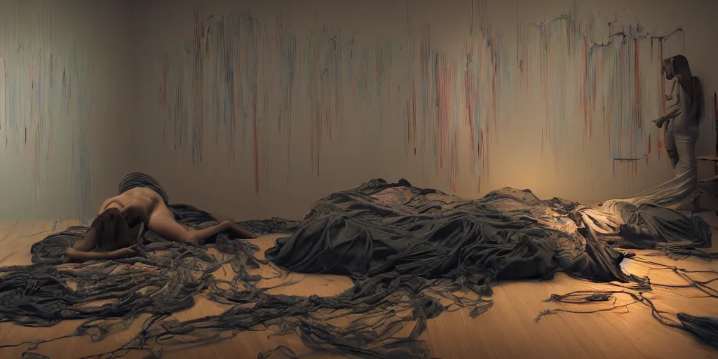 Image similar to rgb, glowing, depression!!!!!, maximalist bedroom, woman, cinematic, movie scene, inspired by zdzislaw beksinski, clothes made out of veins,, cables everywhere, bedroom, ultra realistic, concept art, intricate details, highly detailed, photorealistic, octane render, 8 k