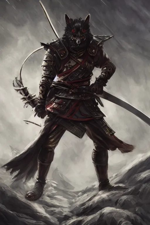 Prompt: Anthropomorphic Samurai Wolf, magic the gathering artwork, D&D, fantasy, cinematic lighting, centered, symmetrical, highly detailed, digital painting, artstation, concept art, smooth, sharp focus, illustration, volumetric lighting, epic Composition, 8k, art by Akihiko Yoshida and Greg Rutkowski and Craig Mullins, heroic pose, oil painting, cgsociety