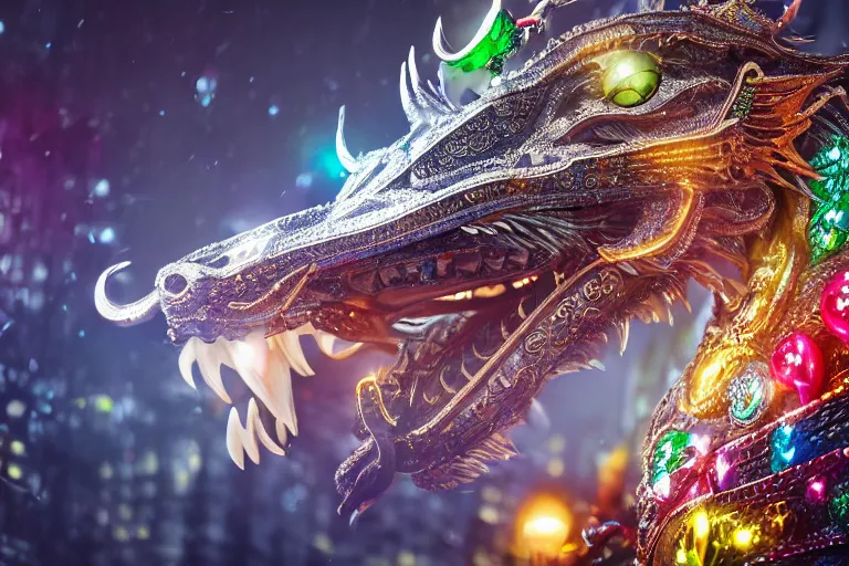 Prompt: cinematic shot of a silver chinese dragon intricately decorated with colorful jewels, detailed textures, midnight city lights, strong bokeh, dramatic lighting, unreal engine, cgsociety, artstation, 4k