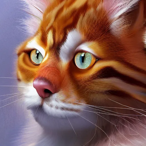 Image similar to orange maine coon, norwegian forest cat, cuddly fur, pixar cute, highly detailed, sharp focus, digital painting, artwork by Victor Adame Minguez + Yuumei + Tom Lovell + Sandro Botticelli