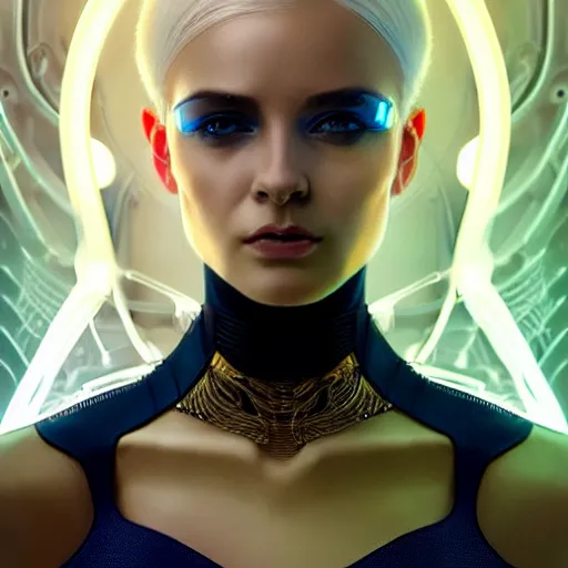 Prompt: futuristic woman android portrait, sci-fi female, striking azure eyes, face, short platinum hair, cyberpunk femme fatale, intricate, elegant lady with alabaster skin, highly detailed gold filigree, digital painting, artstation, concept art, smooth, sharp focus, illustration, studio photo by artgerm and greg rutkowski and alphonse mucha:3, overexposed, dark, gray, monochrome:-1