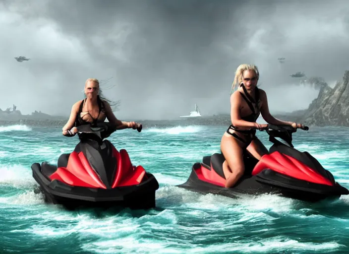 Image similar to dramatic photo of viking women riding jet skis!!, wearing a skin - tight futuristic valkerie bikinis, holding huge laser swords, rough seas in background, water world, mad max, hyper - realistic, highly detailed, accurate, 8 k octane render, 2 8 mm, wide angle, rule of thirds