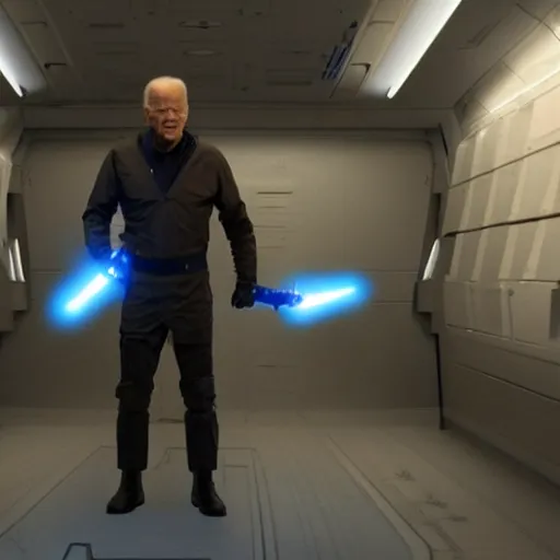 Prompt: Joe Biden as a Jedi knight, standing in a spaceship corridor. He has a blue lightsaber in his hand, and the light from it illuminates the scene. Industrial light and magic. Filmic. Heavy atmosphere. Photorealism.