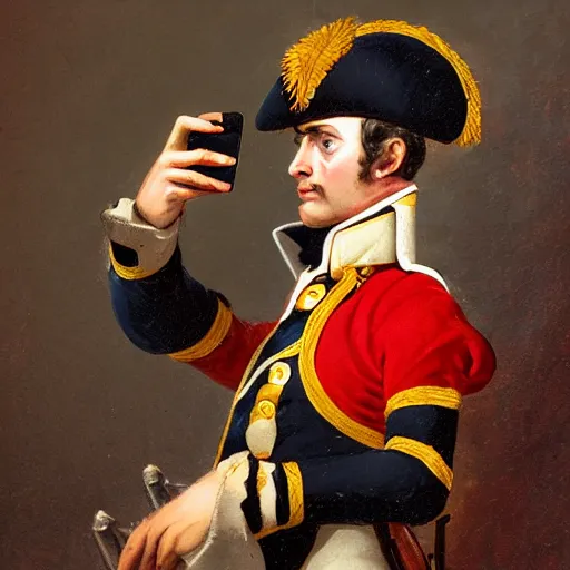 Image similar to a napoleonic infantryman taking a selfie, in the style of a school book photo.