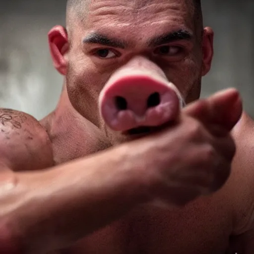 Image similar to Live Action Still Man With Pig Head As Boxer with his hands raised in victory, real life, hyperrealistic, ultra realistic, realistic, highly detailed, epic, HD quality, 8k resolution, body and headshot, film still,Exquisite detail, post-processing, masterpiece, Cinematic Lighting, Unreal Engine, 8k, HD