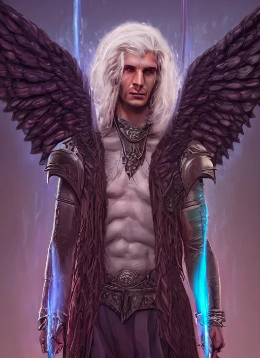 Image similar to An epic fantastic realism comic book style portrait painting of an aasimar hexblade warlock, teal electricity, male, grand angel wings, silver hair, short beard, embers falling, D&D Concept Art, unreal 5, DAZ, hyperrealistic, octane render, cosplay, RPG portrait, dynamic lighting