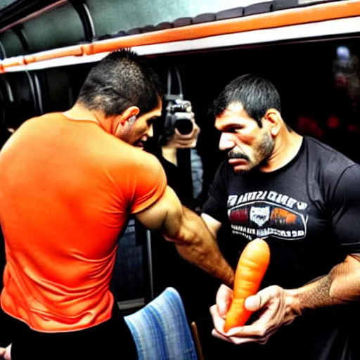 Image similar to antonio rodrigo nogueira holds a single carrot, and antonio rogerio nogueira has his hand on the bus behind them ; photo