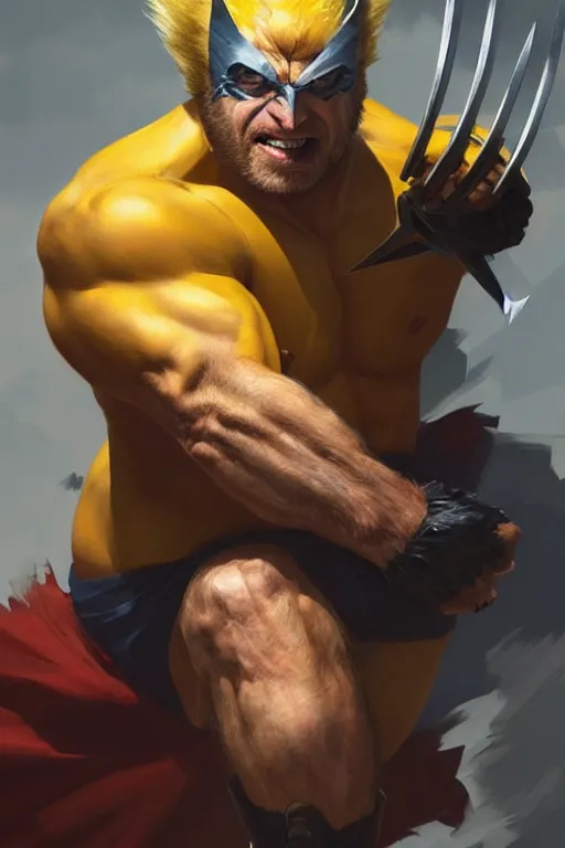 Prompt: Boris Johnson as Wolverine, claws are up, yellow X-man costume, portrait, masculine figure, highly detailed, digital painting, artstation, concept art, smooth, sharp focus, illustration, cinematic lighting, art by artgerm and greg rutkowski and alphonse mucha