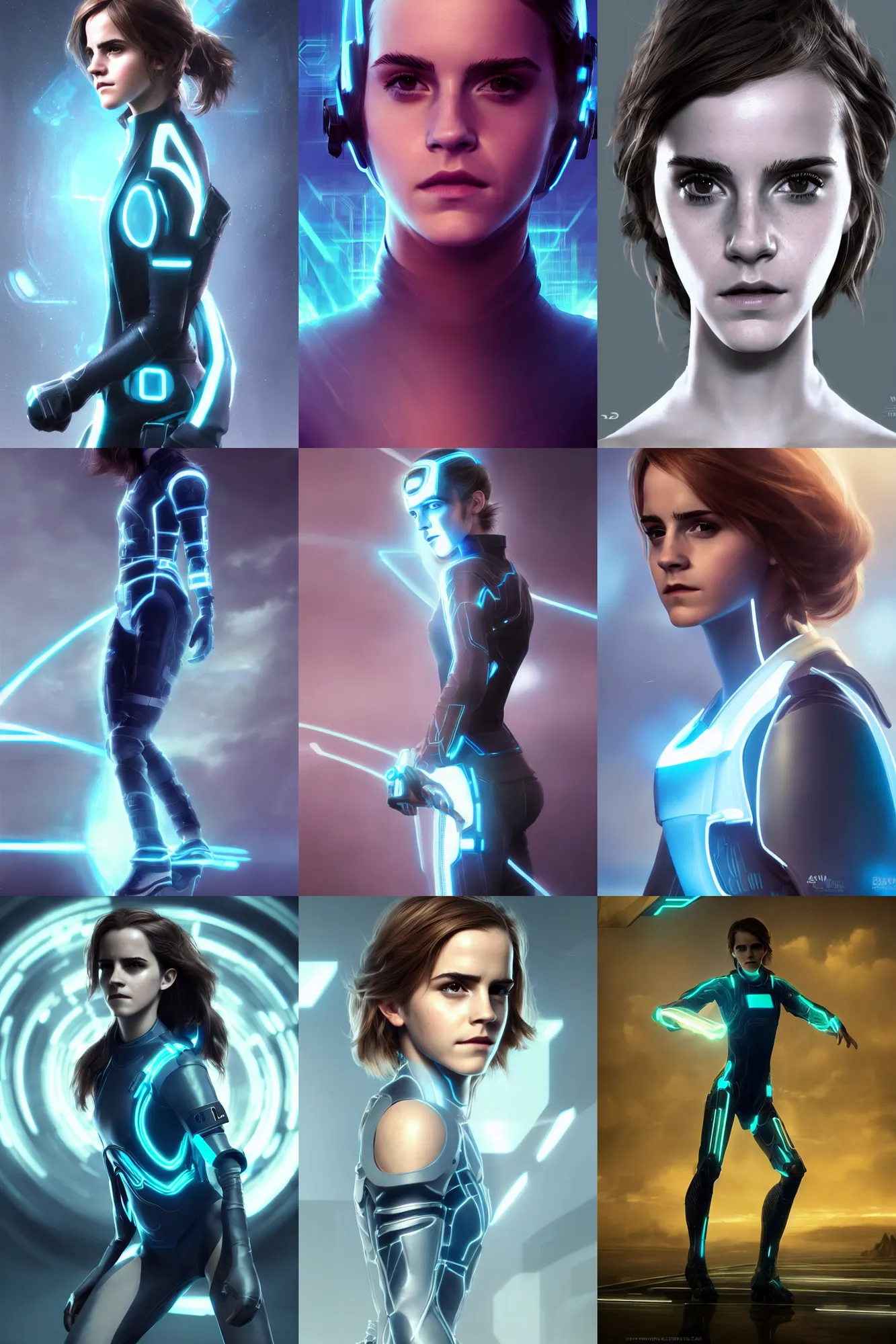 Prompt: emma watson in tron legacy, 3 d render, hyper - realistic detailed portrait, ruan jia, wlop. scifi, fantasy, magic the gathering, hyper detailed, octane render, concept art, peter mohrbacher