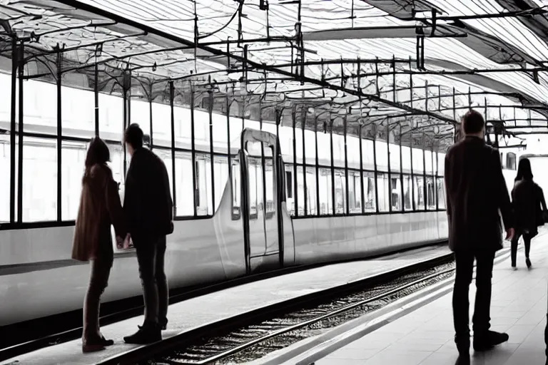 Image similar to vfx movie couple in a train station flat color profile low - key lighting cinematography atmospheric cool color - grade