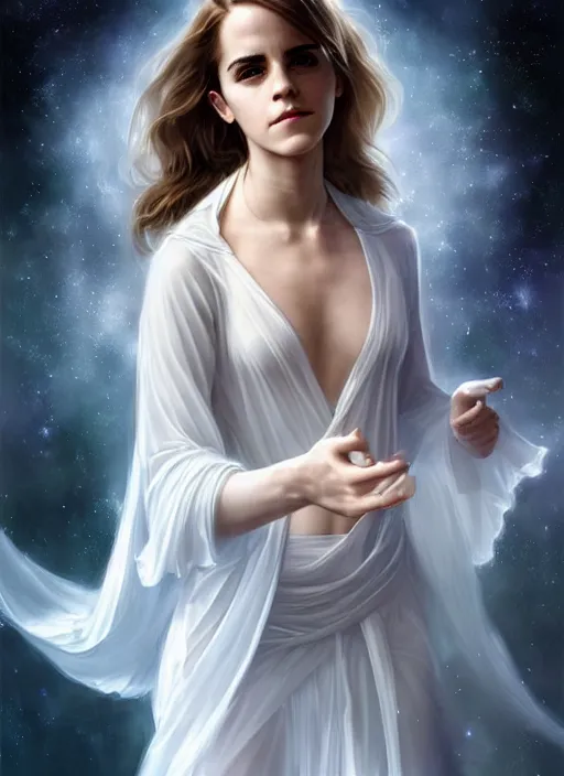 Image similar to emma watson as magic healer celestial, long hair, white and transparent cloth, space, D&D, shiny background, intricate, elegant, highly detailed, digital painting, artstation, concept art, smooth, sharp focus, illustration, artgerm, bouguereau