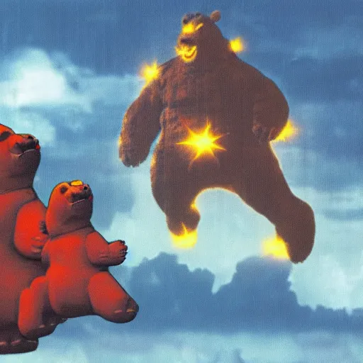 Prompt: a giant teddy ruxpin as godzilla destroying a city, hyperrealistic, dramatic lighting, black clouds and lighting in the sky