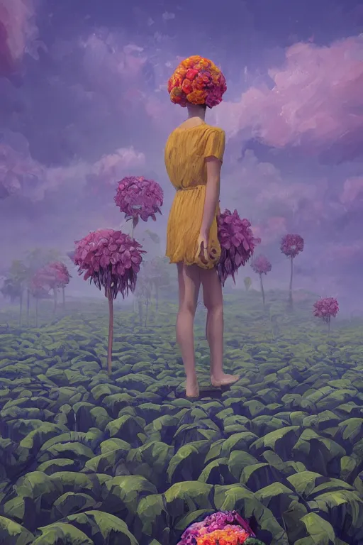 Prompt: closeup, giant flowers head, girl standing between monsteras, surreal photography, wind and cold, dramatic sky, impressionist painting, digital painting, artstation, simon stalenhag