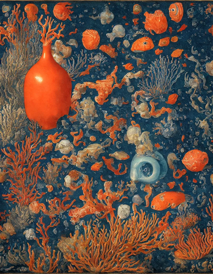 Image similar to bottle vase of coral under the sea decorated with a dense field of stylized scrolls that have opaque outlines enclosing mottled blue washes, with orange shells, purple fishes and siphonophores, Ambrosius Bosschaert the Elder, oil on canvas, hyperrealism, around the edges there are no objects