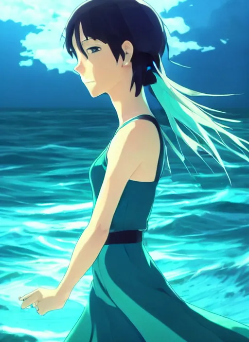 Image similar to makoto shinkai, ilya kuvshinov, beautiful kristen bell with green dress, very long blue hair, water powers water swirling, symmetrical face, symmetrical eyes, detailed, beach setting, cinematic lighting