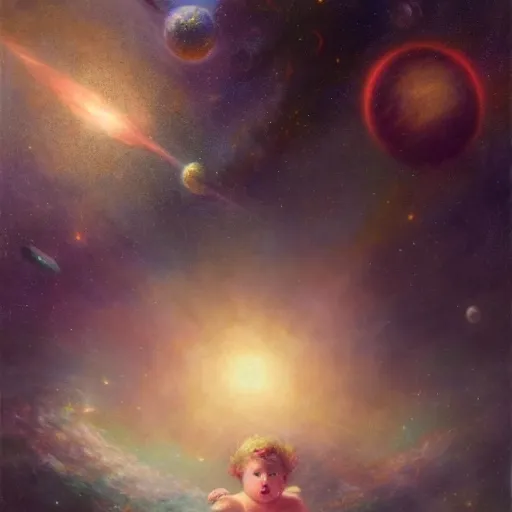 Image similar to a lonley and gloomy baby in middle of space surrounded by colorful stars planets and galaxies, high detail, by gaston bussiere, bayard wu, greg rutkowski, odd nerdrum, maxim verehin, dan dos santos, masterpiece, sharp focus, cinematic lightning