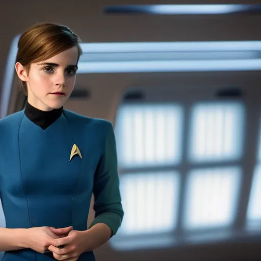 Image similar to Emma Watson in Star Trek, XF IQ4, f/1.4, ISO 200, 1/160s, 8K, Sense of Depth, RAW, Dolby Vision, symmetrical balance, in-frame