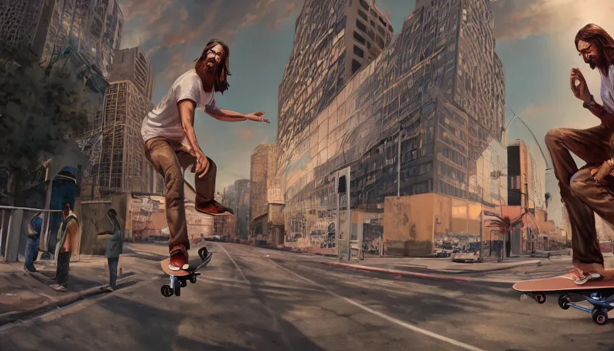 Image similar to jesus christ skateboarding, billboard image, hyperdetailed, artstation, cgsociety, 8 k