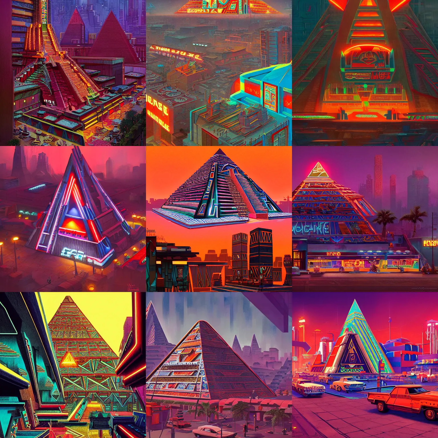 Prompt: Aztec Pyramid googie architecture in 1965 a retro futuristic aztec city, neon signs and googie style apartments highly detailed, digital painting, artstation, concept art, sharp focus, illustration, in style of Eddie Mendoza and DOFRESH and Enzhe Zhao and Greg Rutkowski