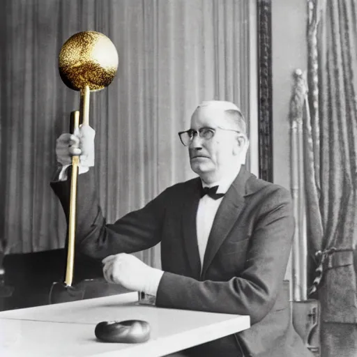 Image similar to a rutgers university president looking wistfully at a golden cane mounted on the wall of his office, 1 9 2 8