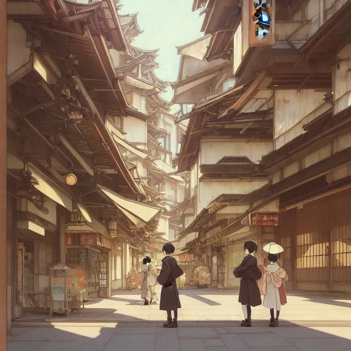 Image similar to empty japanese city, spring, in the style of studio ghibli, j. c. leyendecker, greg rutkowski, artem