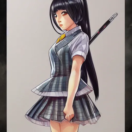 Image similar to a perfect, realistic professional digital sketch of a Japanese schoolgirl in style of Marvel, full length, by pen and watercolor, by a professional American senior artist on ArtStation, a hollywood-style sketch, on high-quality paper