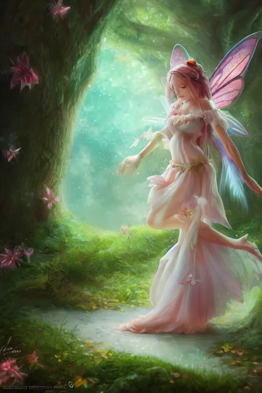 Image similar to a cute fairy in the dreamy forest, fantasy, dreamlike, 8 k resolution, hyper detailed, d & d, character design, digital painting, trending on artstation, sharp focus, illustration, art by viktoria gavrilenko, hoang lap, fuji choko, steve zheng