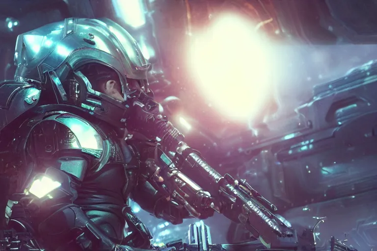 Image similar to VFX movie of a futuristic inhuman alien spacemarines in future spaceship, firing gun at space pirates detailed creature skin neon lighting by Emmanuel Lubezki