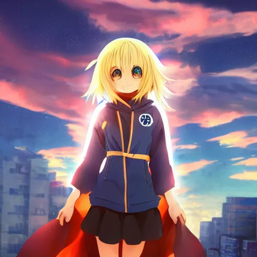 Prompt: Pixiv, Anime Key Visual, cute anime loli with blond hair and cute pigtails, wearing blue coat with a hood and black shorts, jumping from the tallest building of a modern city. She does a superhero pose. Cinematic scene of an HDR sunset, faint orange light. Amazing piece Trending on Artstation