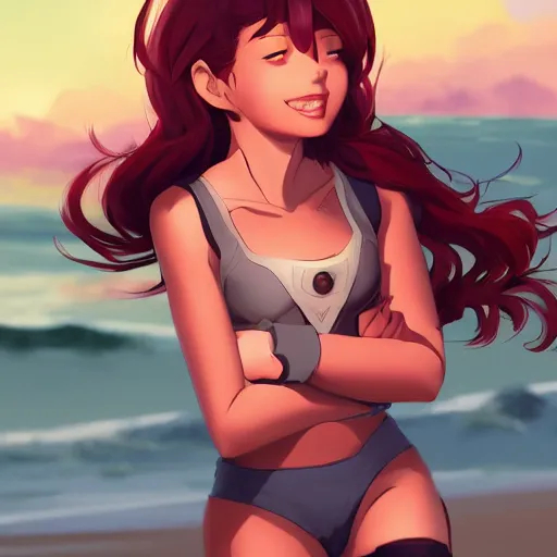 Image similar to character deisgn by lois van baarle, artgerm, helen huang, by makoto shinkai and ilya kuvshinov. cute scarlet red haired cybertronic woman, steel gray body, denim shorts, jacket, wandering at beach at sunset, pretty smile, elegant, octane render, exaggerated proportions, looking at camera