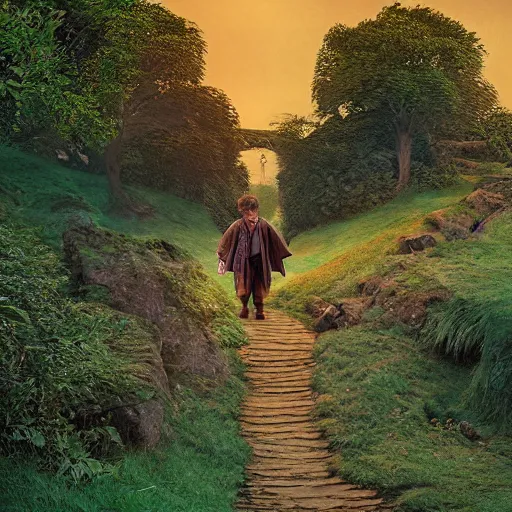 Image similar to frodo baggins in the shire In the style of moebius, detailed 4k photograph