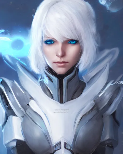 Image similar to perfect white haired girl, warframe armor, beautiful, pretty face, blue eyes, detailed, windy weather, scifi, platform, laboratory, experiment, 4 k, ultra realistic, epic lighting, high detail, masterpiece, by akihito tsukushi, charlie bowater, ross tran