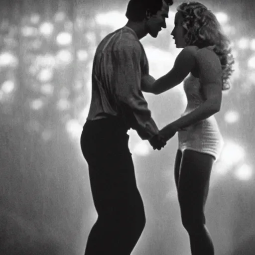 Image similar to dirty dancing poster with closeup portrait of young arnold schwarzenegger dancing with jennifer lawrence in the rain, 5 0 mm cinema shot, beautiful light, best lense, 9 0 s romantic movie, 4 k