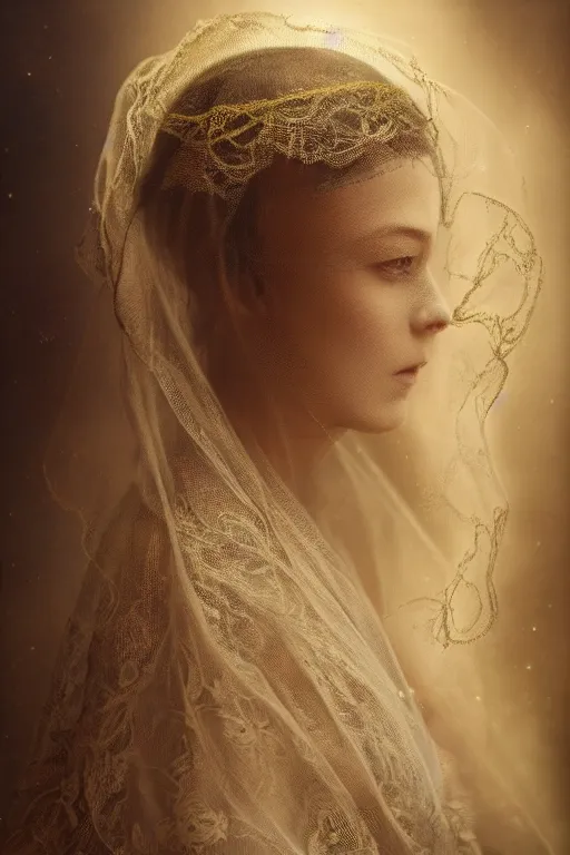 Image similar to a beautiful ultradetailed vintage photo of a veiled cyborg, by tom bagshaw and anna dittman, embroidered lace chapel veil, portrait, vignette, 3 5 mm lens, golden ratio composition, detailed face, studio photography, very detailed, humanoids, industrial robots, artstation, 8 k, highly coherent