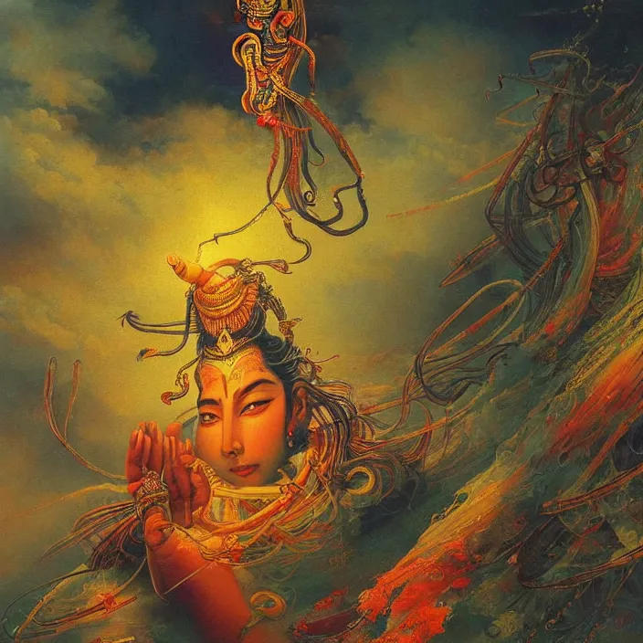 Prompt: One many-armed Shiva. Background in colorful patterns. High detail, hyperrealism, masterpiece, solo, rich deep colors, realistic, art by Yoshitaka Amano, Ivan Aivazovsky