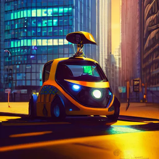 Image similar to A hyper real comic book style portait painting of a robot taxi in a future city, unreal 5, hyperrealistic, octane render, cosplay, RPG portrait, dynamic lighting