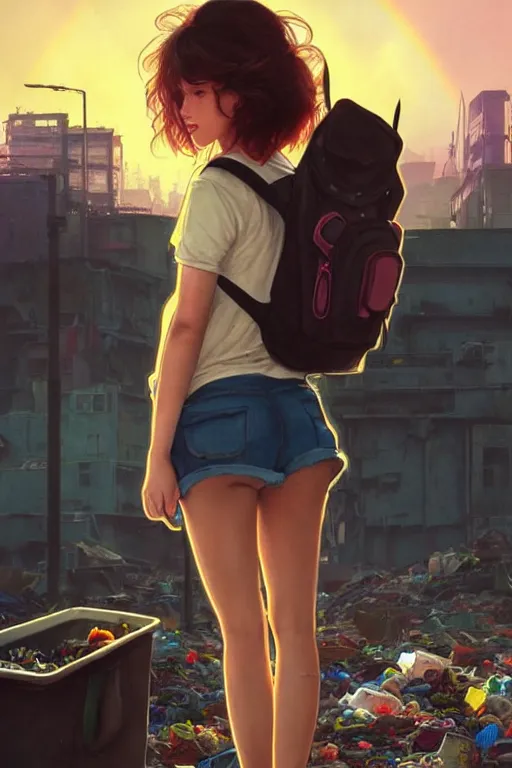 Image similar to beauty teenage girl minishort with backpack looking at food at garbage dump, destroyed cars, city is pure wasteland, moody sunset background, rays of sunlights, ( ( ( rainbow ) ) ), high details, sharp, photorealism, cinematic, greg rutkowski, alphonse mucha, trending on artstation, artgerm, unreal engine, highly detailed