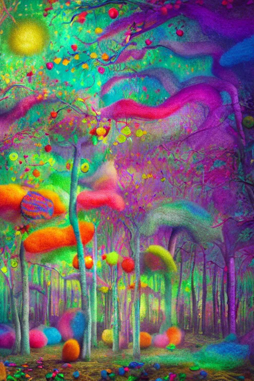 Prompt: a matte digital painting of a candy forest at night, bokeh, bright colours, watercolor, volumetric wool felting, macro photography, children illustration, by alex grey