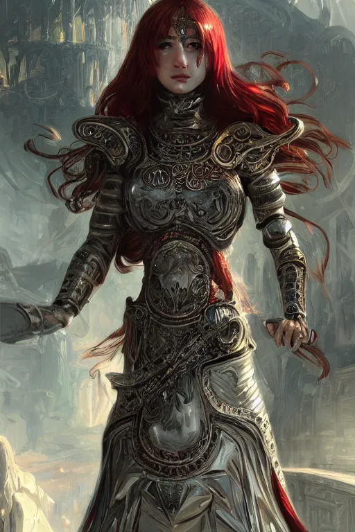 Image similar to portrait knights of Zodiac girl, metallic black and reddish reflected armor, in ruined Agora of Athens, ssci-fi, fantasy, intricate, very very beautiful, elegant, highly detailed, digital painting, artstation, concept art, smooth, sharp focus, illustration, art by tian zi and WLOP and alphonse mucha