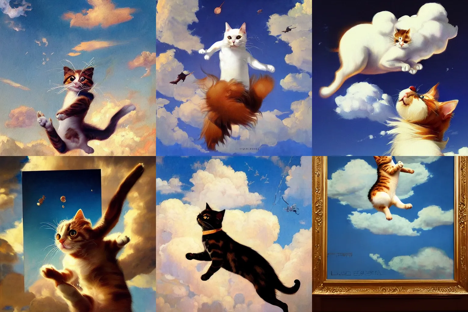 Prompt: A painting of a jumping cat under the sky, by (Ross Tran, Norman Rockwell, Leonardo da Vinci), beautiful clouds, hind legs, strong facial features, Trending on Artstation