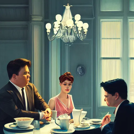 Image similar to holly golightly with michael mcintyre having breakfast in a tiffany's shop, anatomy, bathed in light, highly detailed, photorealistic, artstation, smooth, sharp focus, illustration, unreal engine 5, 8 k, art by artgerm and greg rutkowski and edgar maxence