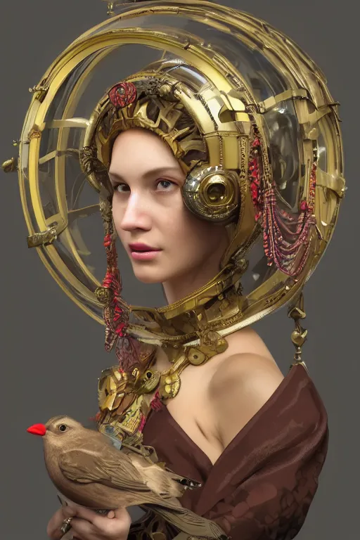 Image similar to cyber helmet 3 d render of english princess holding birds, ornaments, mucha vibe, dieselpunk, solarpunk, artstation, andrei riabovitchev